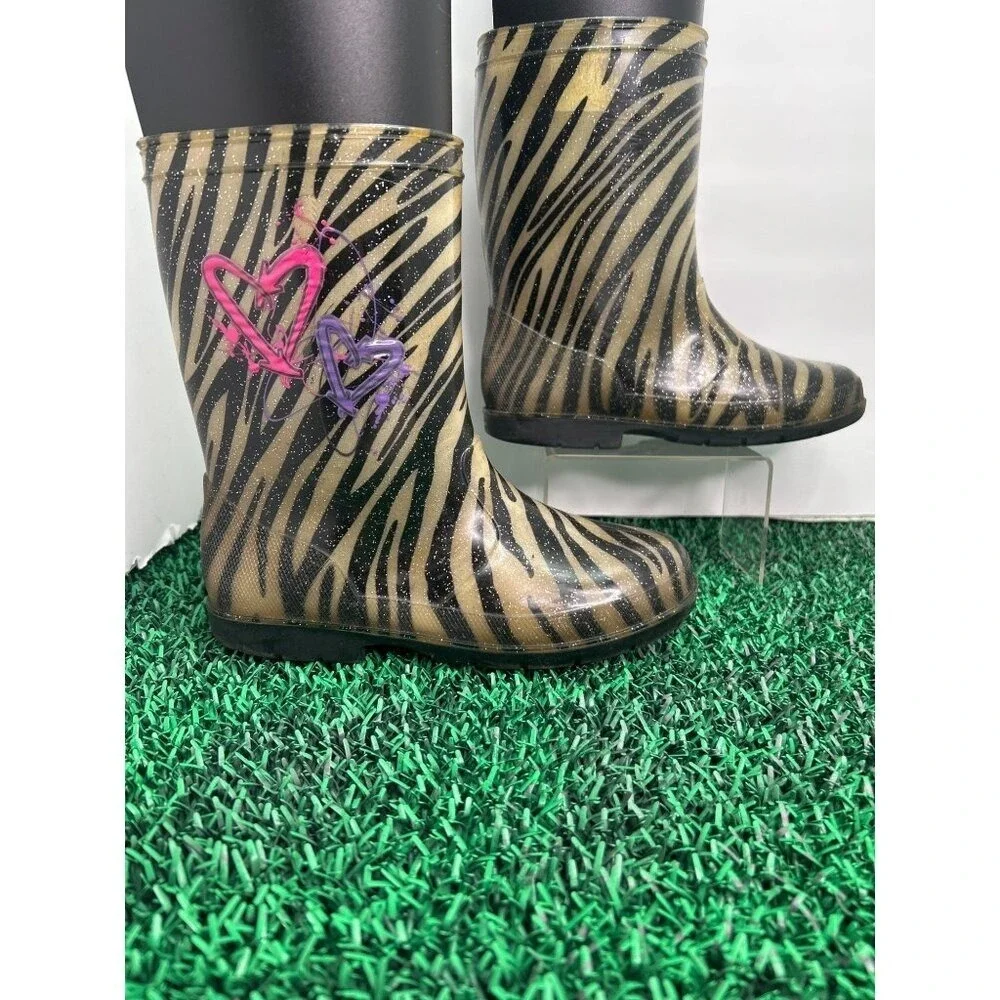 Shake It Up Girls Size 3‎ Zebra Heart Glitter Rain Boots Gold Black Waterproof